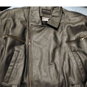 Womens Black Leather Jacket Coat Vintage Biker Zip Belt Boutique Europa Size 16